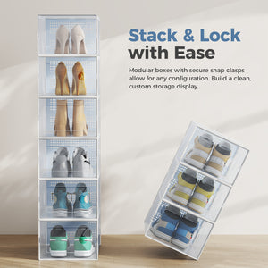 CONCETTA 12/15-Pack Shoe Box Organizer for up to US Size 9, Stackable Plastic Storage Rack for Closet Hallway Bedroom