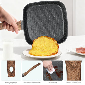 CONCETTA Non-stick Cookware Set, square frying pan, wooden handle, suitable for indoor and outdoor camping and RV cooking, beige and black