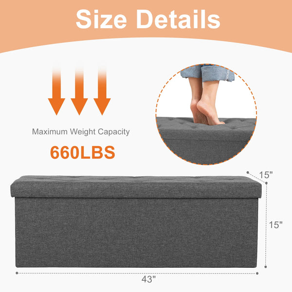 43 Inches Storage Ottoman Bench, Foldable Ottoman Foot Rest, End of Bed Bench, Storage Chest, Load up to 660 lb, for Living Room, Bedroom, Entryway
