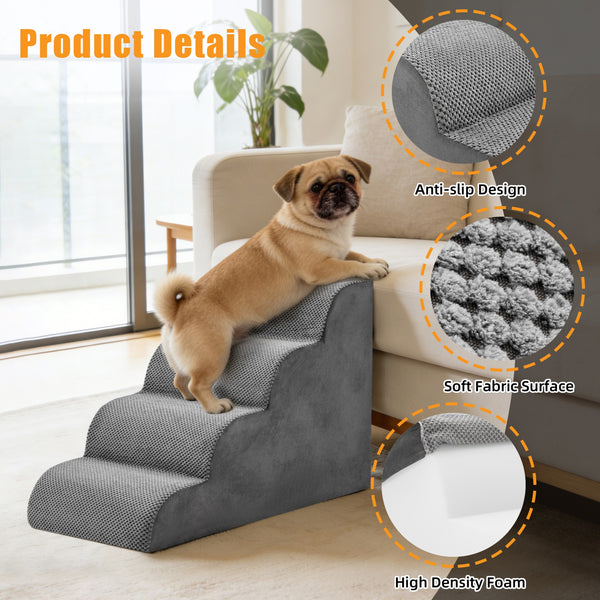 SHOUFTW Round Edge Pet Stairs Ramp, High-Density Foam Dog Cat Steps, Non-Slip Indoor Ladder for Couch, High Beds, Car, Gray