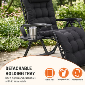 SHOUFTW Padded Zero Gravity Lounge Chair with Detachable Cushion & Side Tray, Folding Reclining Patio Chair, Outdoor Lawn Lounger
