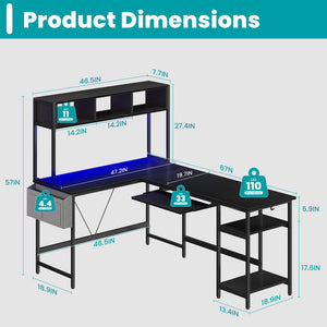 67" Reversible L-Shaped Desk with LED Lights, Power Outlets, Drawer, Keyboard Tray & Hutch