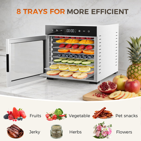CONCETTA Food Dehydrator Machine, 8 Stainless Steel Trays, Large 8.2 ft² Drying Space, 500W Power for Jerky, Meat, Fruit, Dog Treats, Herbs, Quiet Operation, Digital Timer & Temp Control