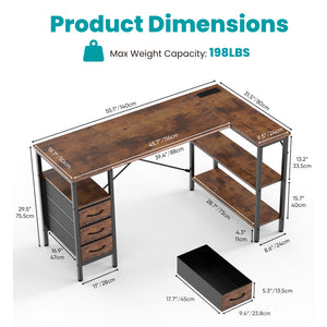 47"L Shaped Computer Desk with 3 Drawers, Power Outlets, USB Ports, and Monitor Stand, Corner Gaming Desk for Home Office