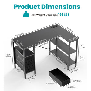 47"L Shaped Computer Desk with 3 Drawers, Power Outlets, USB Ports, and Monitor Stand, Corner Gaming Desk for Home Office
