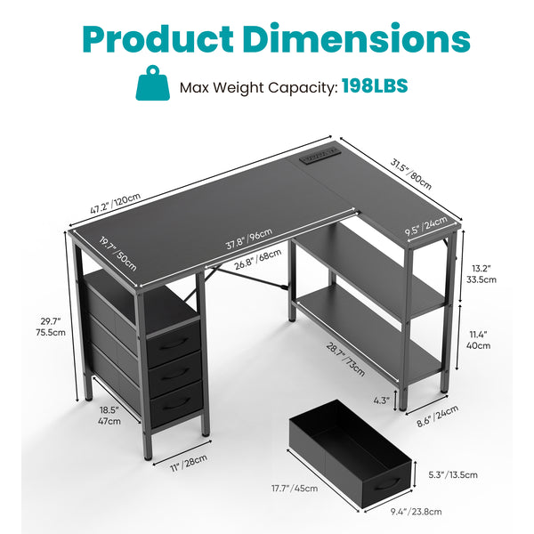 47"L Shaped Computer Desk with 3 Drawers, Power Outlets, USB Ports, and Monitor Stand, Corner Gaming Desk for Home Office