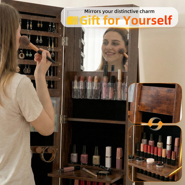 CONCETTA 6 LED Jewelry Cabinet with Frameless Full-Length Mirror, 360° Swivel Lockable Organizer Standing Armoire, 3 Storage Shelves