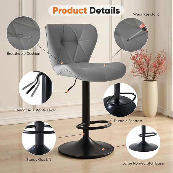 Set of 2 Swivel Bar Stools - Adjustable Height Modern Faux Leather Barstools Counter Bar Chairs with Backrest for Kitchen Island & Home Bar, Gray