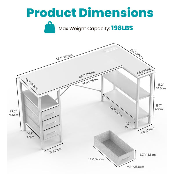 47"L Shaped Computer Desk with 3 Drawers, Power Outlets, USB Ports, and Monitor Stand, Corner Gaming Desk for Home Office