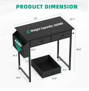 Small Desk with Fabric Drawers and Storage Shelves, 32 inch for Adult, Black