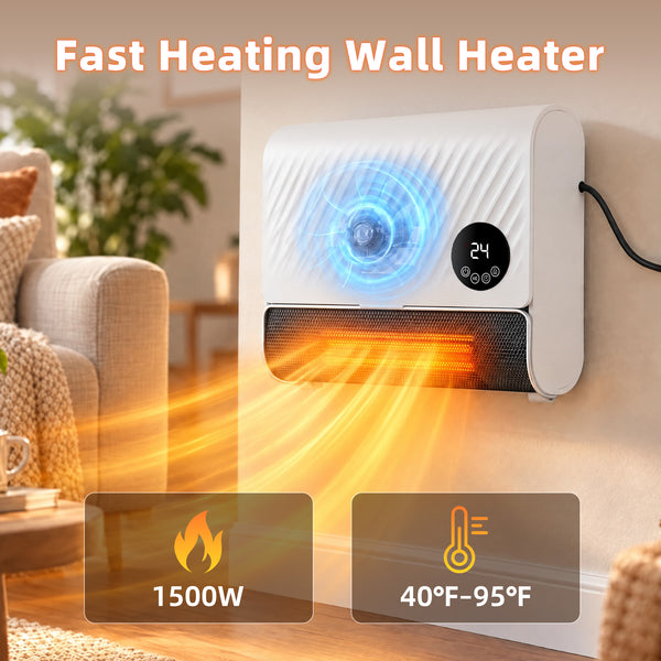 CONCETTA 1500W Wall-mount Electric Space Heater with 3 Mode 40-95°F Thermostat, 12H Timer, Child Lock, Low Noise for Bedrooms, Indoor
