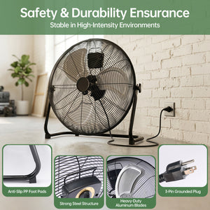 SHOUFTW High Velocity Industrial Floor Fan, 3-Speed Heavy Duty Metal Air Circulator with 120° Tilt Head, Black