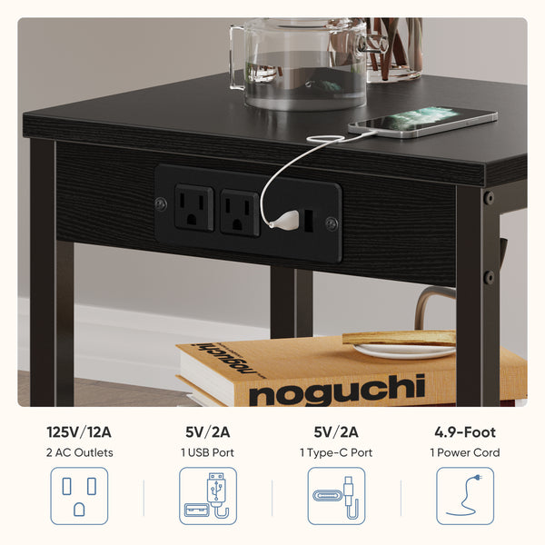 CONCETTA 3 Tier Nightstand with Charging Station, Bedside End Table for Bedroom Living Room