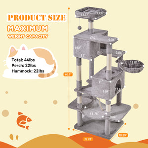 CONCETTA 66in Multi Level Cat Tree Tower,Cat Scratching Posts with Large Top Perch and Hammock, Beige