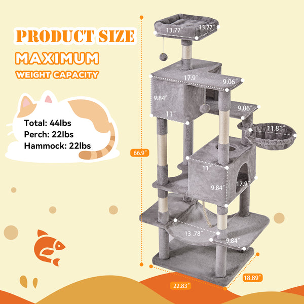 CONCETTA 66in Multi Level Cat Tree Tower,Cat Scratching Posts with Large Top Perch and Hammock, Beige