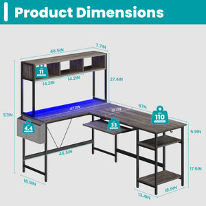 67" Reversible L-Shaped Desk with LED Lights, Power Outlets, Drawer, Keyboard Tray & Hutch