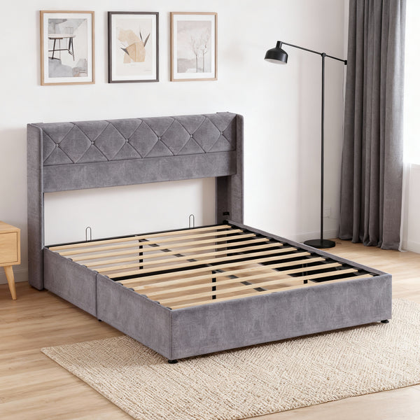 CONCETTA Metal full-size lift storage bed, modern wing-style headboard, velvet soft cushions, hydraulic support, no need for spring box, gray