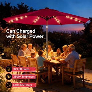 SHOUFTW 10FT Outdoor Patio Umbrella with Solar LED Lights, Push-Button Tilt Market Umbrella, Weather-Resistant 8-Rib Sun Shade for Patio, Garden, Backyard, Deck or Poolside
