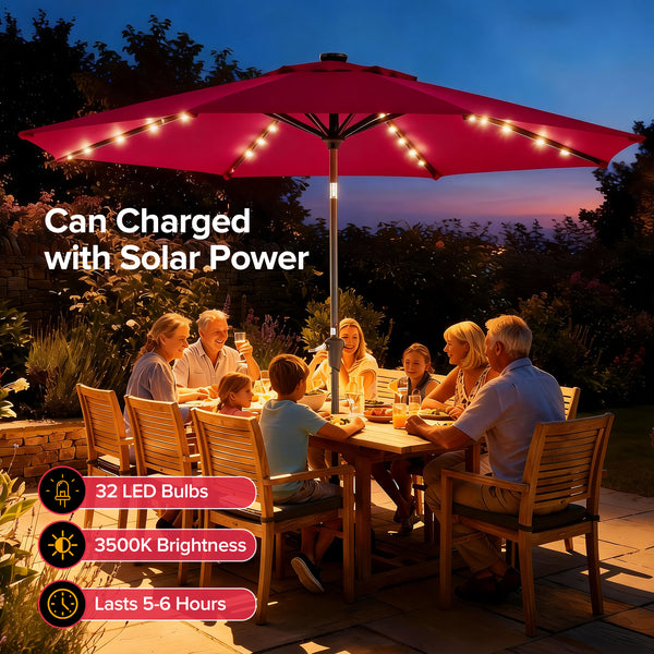 SHOUFTW 10FT Outdoor Patio Umbrella with Solar LED Lights, Push-Button Tilt Market Umbrella, Weather-Resistant 8-Rib Sun Shade for Patio, Garden, Backyard, Deck or Poolside
