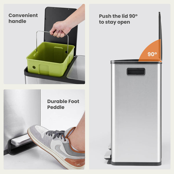 CONCETTA Kitchen Stainless Steel Waste Bin with Lid with Soft-Close Foot Pedal and Removable Inner Bin for Bathrooms, Bedrooms and Home Offices