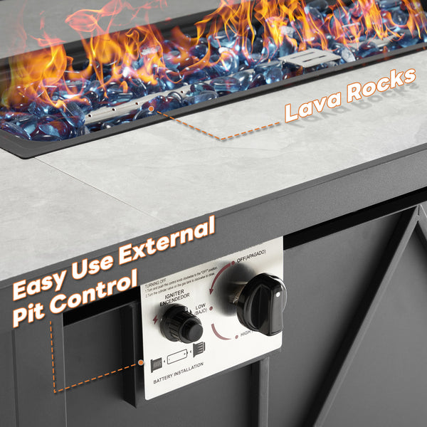SHOUFTW 43" Propane Fire Pit Table, Outdoor Rectangular Gas Fire Pit with Lid & Waterproof Cover for Patio Backyard Deck Gatherings, 50000 BTU, Black