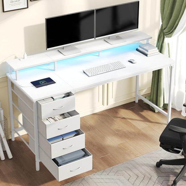 CONCETTA Computer Gaming Desk with 4 Drawers, Power Outlets and LED Lights for Home Small Spaces