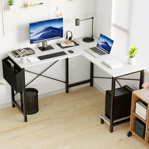 CONCETTA 49 Inch Modern L Shaped Computer Desk with Lower Storage Shelf & Side Bag, Two-Way Convertible Corner Gaming Table for Home Office