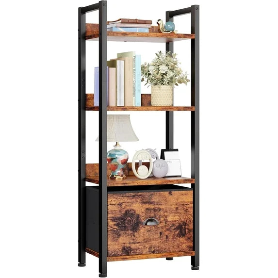 CONCETTA  Bookshelf with Drawer, Tall Narrow Bookcase with Shelves, Wood and Metal Storage Organizer for Bedroom, Living Room