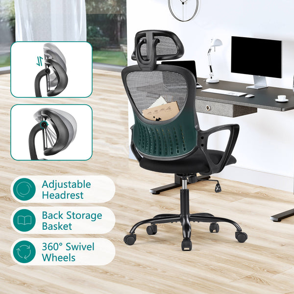 CONCETTA Ergonomic office chair - high back with wheels, adjustable headrest and flip-up armrests for bedroom, study, living room, office