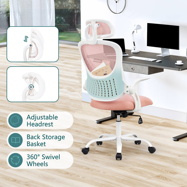 CONCETTA Ergonomic office chair - high back with wheels, adjustable headrest and flip-up armrests for bedroom, study, living room, office