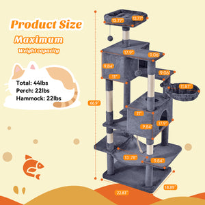 CONCETTA 66in Multi Level Cat Tree Tower,Cat Scratching Posts with Large Top Perch and Hammock, Beige