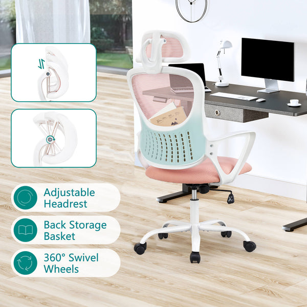 CONCETTA Ergonomic office chair - high back with wheels, adjustable headrest and flip-up armrests for bedroom, study, living room, office
