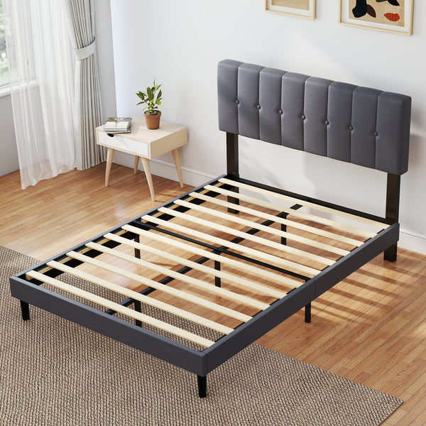 CONCETTA Grey Soft-Padded Bed, Grey Linen Sponge, Metal Frame, Full