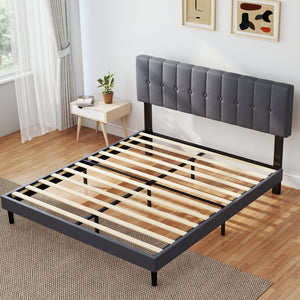 CONCETTA Grey Soft-Padded Bed, Grey Linen Sponge, Metal Frame, Full