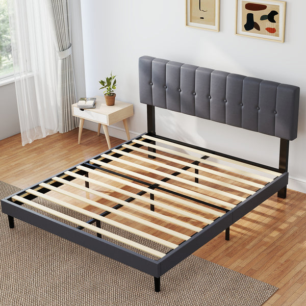 CONCETTA Grey Soft-Padded Bed, Grey Linen Sponge, Metal Frame, Full