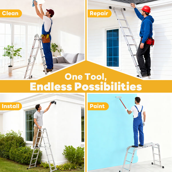 Multi-Functional Folding Telescopic Ladder - Made Of Aluminum Alloy, With Anti-Slip Design And Safety Lock System, Supports Up To 330 Lbs, Suitable For Home, Outdoor, Or Workshop,Silver