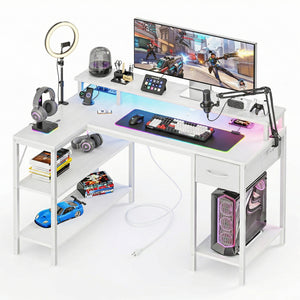 CONCETTA 53 inch L-Shaped Gaming Desk, Reversible Design with LED Lighting, Power Outlets and Double-Tier Storage, White for Home Office