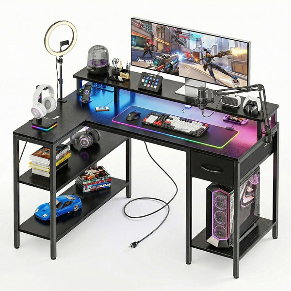 CONCETTA 47 inch L-Shaped Gaming Desk - Reversible with LED Lighting, Power Outlets & Double-Tier Storage, for Home Office