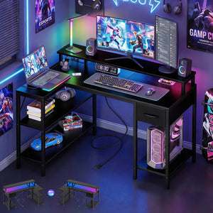 CONCETTA 47 inch L-Shaped Gaming Desk - Reversible with LED Lighting, Power Outlets & Double-Tier Storage, for Home Office