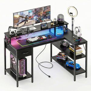 CONCETTA 47 inch L-Shaped Gaming Desk - Reversible with LED Lighting, Power Outlets & Double-Tier Storage, for Home Office