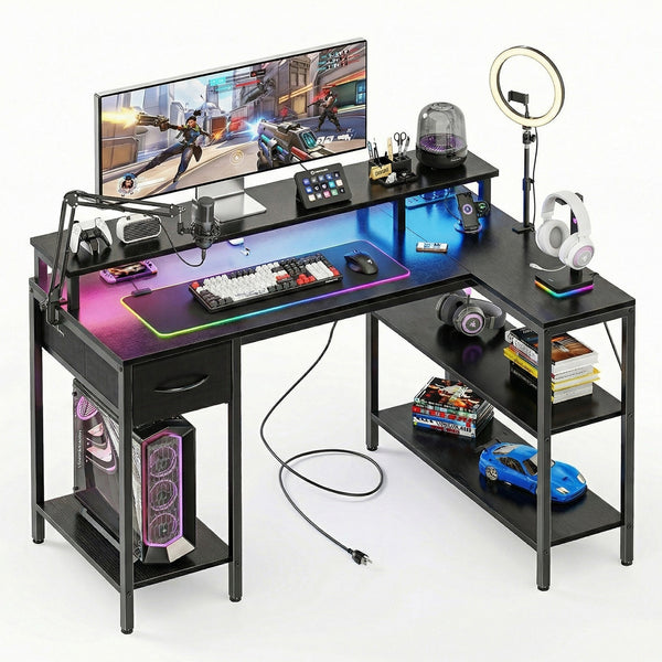 CONCETTA 47 inch L-Shaped Gaming Desk - Reversible with LED Lighting, Power Outlets & Double-Tier Storage, for Home Office