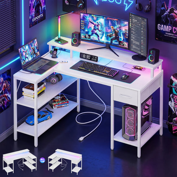CONCETTA 47 inch L-Shaped Gaming Desk - Reversible with LED Lighting, Power Outlets & Double-Tier Storage, for Home Office