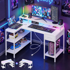 CONCETTA 53 inch L-Shaped Gaming Desk, Reversible Design with LED Lighting, Power Outlets and Double-Tier Storage, White for Home Office