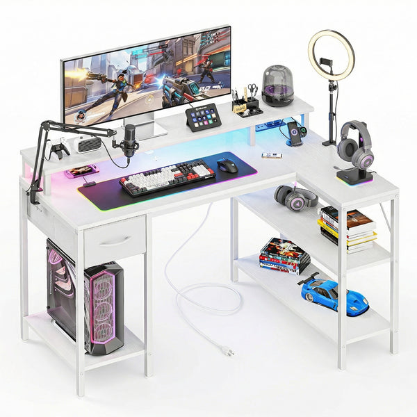 CONCETTA 47 inch L-Shaped Gaming Desk - Reversible with LED Lighting, Power Outlets & Double-Tier Storage, for Home Office