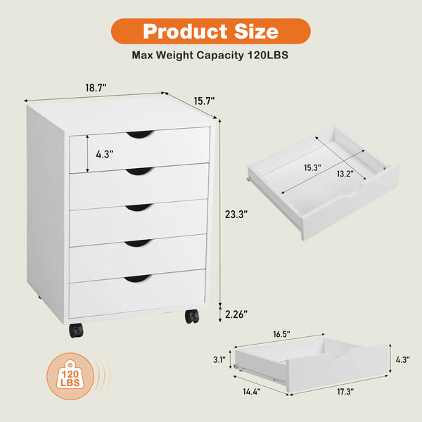CONCETTA 5 Drawer Chest of Drawers, Wooden Dresser, Removable Storage Cabinet, Can be placed under Desk, Suitable for Home, Office