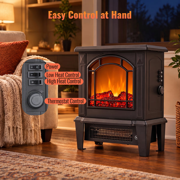 SHOUFTW 18" Freestanding Electric Fireplace Stove, 1400W Space Heater with 3D Realistic Flame, Indoor Fireplace for Bedroom, Living Room, Office, Black
