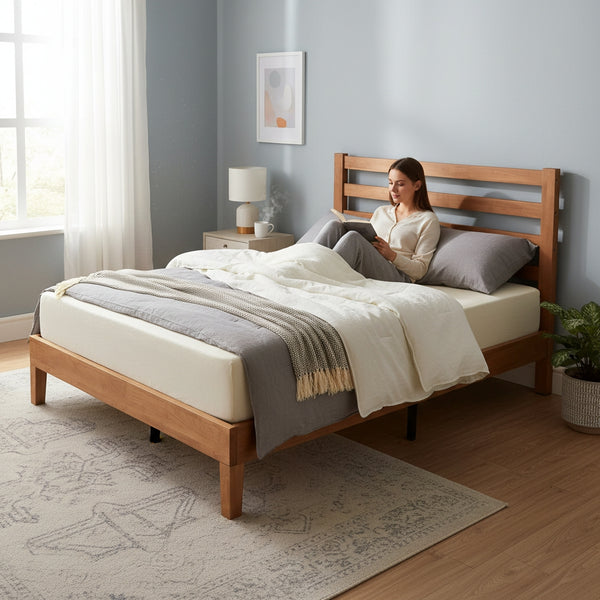 Wood Bed Frame with Headboard, Walnut Finish, Sturdy Slat Support, Ideal for Bedroom and Guest Room