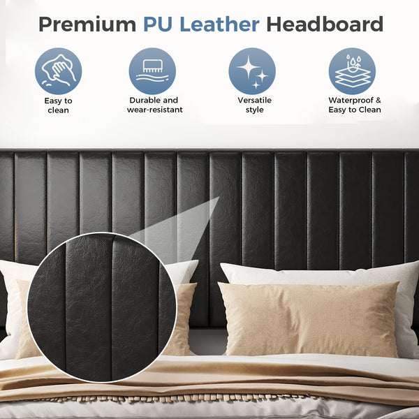 CONCETTA Full Size Bed Frame with Wingback PU Upholstered Headboard and Wooden Slats Support, No Box Spring Needed, Easy Assembly, Black