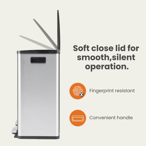 CONCETTA Kitchen Stainless Steel Waste Bin with Lid with Soft-Close Foot Pedal and Removable Inner Bin for Bathrooms, Bedrooms and Home Offices
