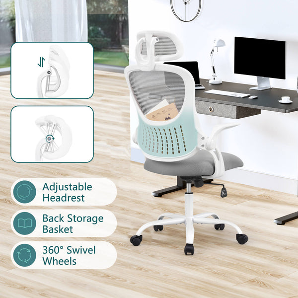 CONCETTA Ergonomic office chair - high back with wheels, adjustable headrest and flip-up armrests for bedroom, study, living room, office